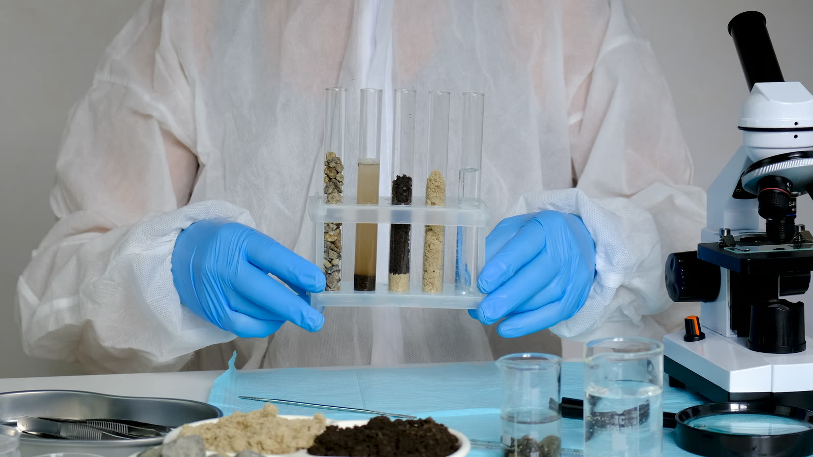 Gloved hands holding a rack of soil sample tubes